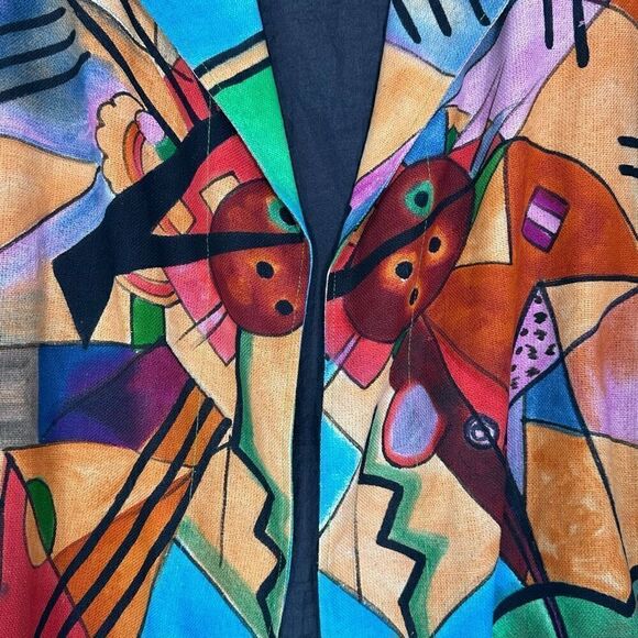 Vtg 90s Dilemma Dhun Schroff 100% Silk Abstract Cubism Art Wear Open Blazer OS - Picture 13 of 13